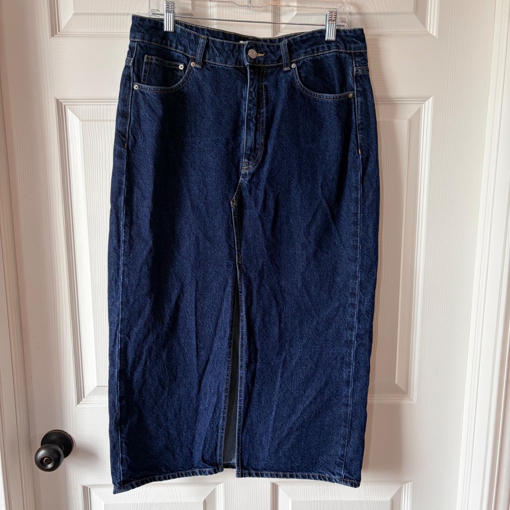 HM Dark Wash Denim Midi Skirt High Waisted Front Slit Indigo Blue Size‎ 12